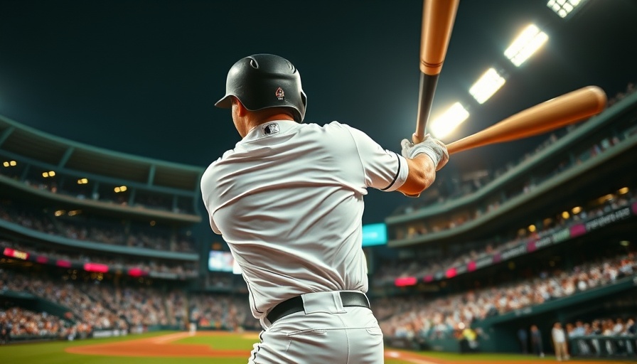 Intense baseball swing in a bustling stadium, showcasing motion blur and vibrant lighting.