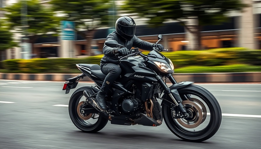 High-speed black motorcycle zooming on an urban road, dynamic motion.