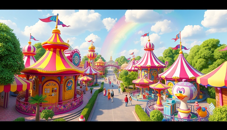 Cartoon amusement park with rides in vibrant colors.