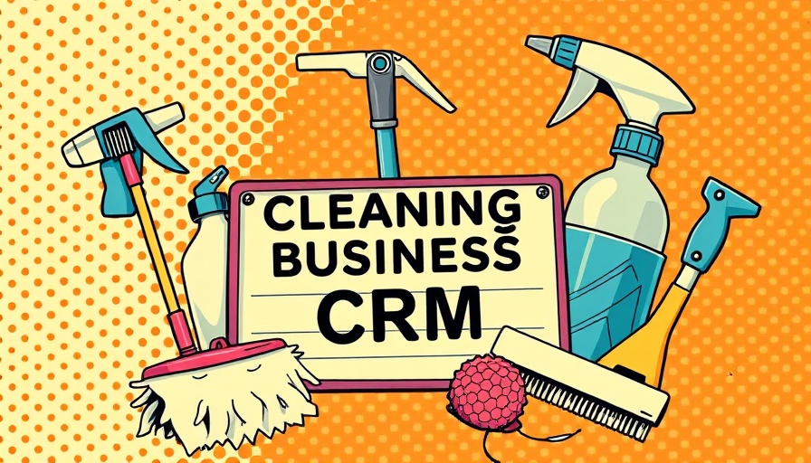 Pop art cleaning tools illustration with 'Best CRMs for cleaning businesses in 2025'.