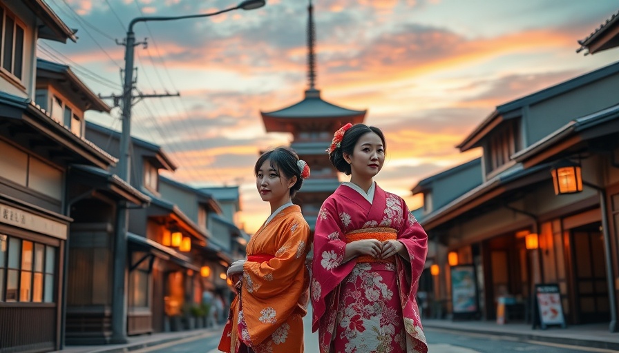 Traditional Japanese street scene at sunset with pagoda, vibrant hues.