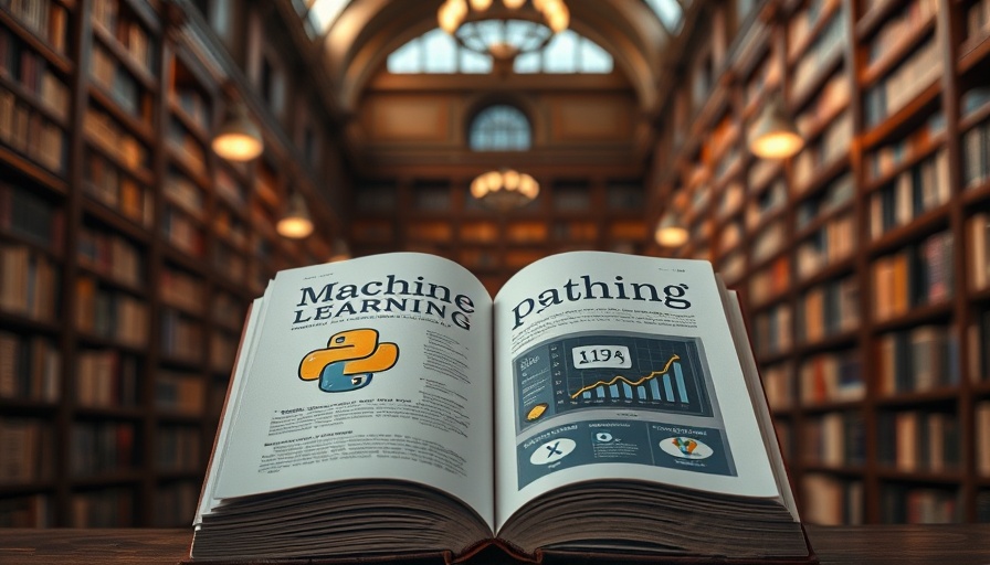 Book on machine learning terms in a library with Python logo.