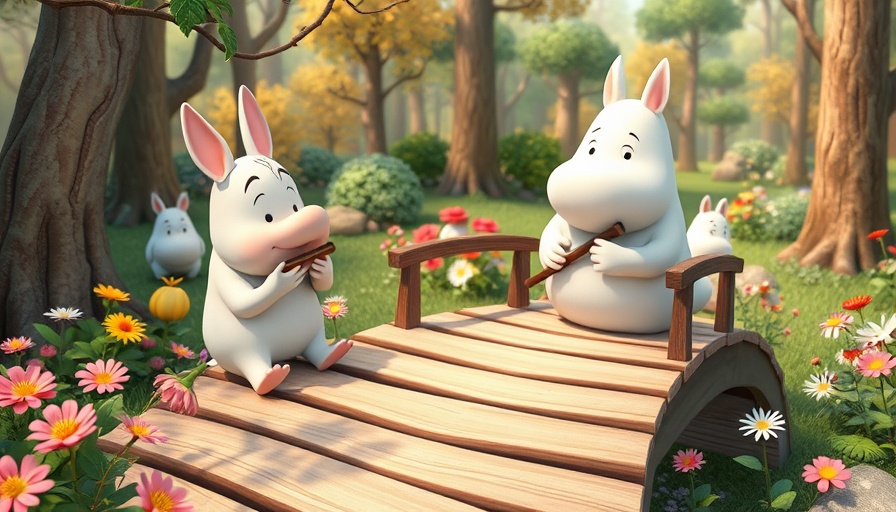 Whimsical Snufkin and Moomintroll on a bridge from 'Snufkin: Melody of Moominvalley'