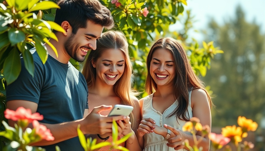 Happy friends using a phone outdoors in sunlight