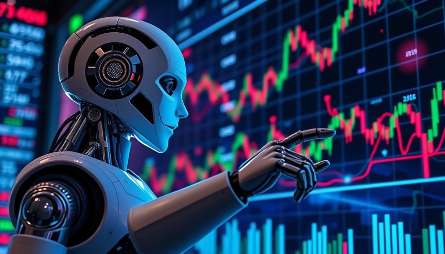 AI stock trading robot interacting with digital charts in futuristic setting.