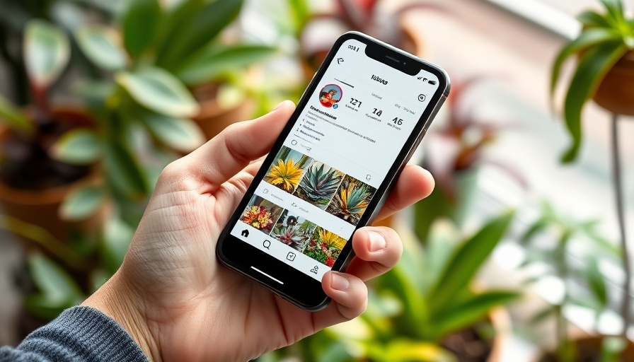 Smartphone showing Instagram profile in a vibrant indoor garden.
