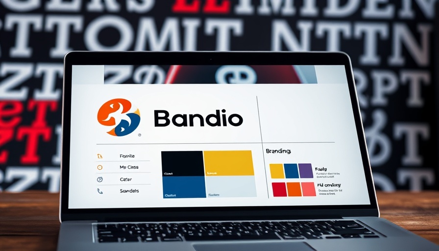 Brand identity elements with logo and color palette on a laptop screen.