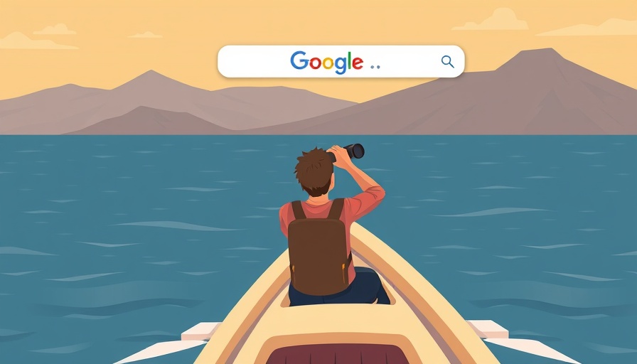 Illustration of destination content strategies with person searching online in a boat scene.