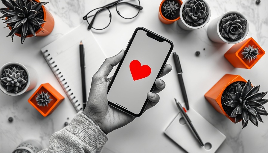 Monochrome hand holds phone with social media love icon in flat lay workspace.