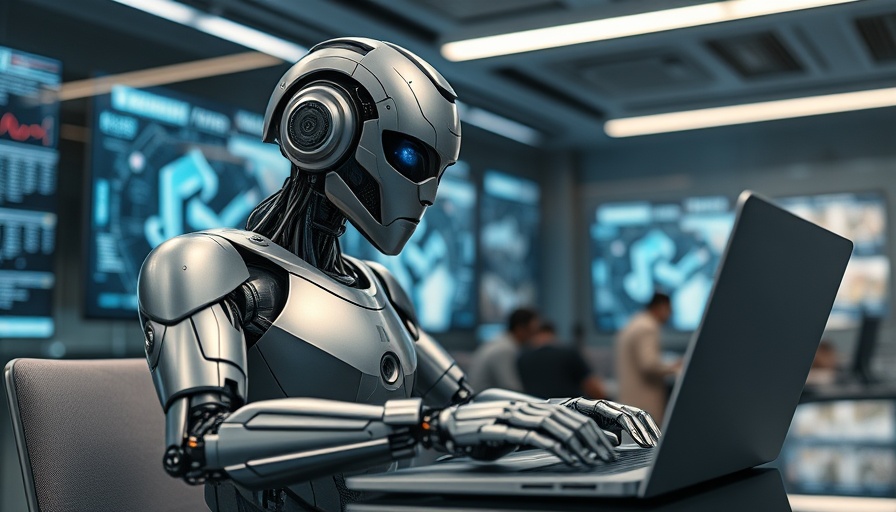 Futuristic robot interacting with laptop in modern tech setting.