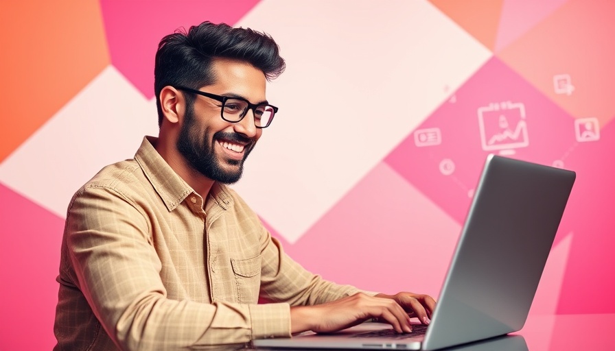 Smiling man with laptop and digital web elements, illustrating how HTML, CSS, and JavaScript work together.
