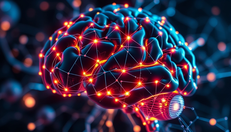 Futuristic digital brain with glowing connections in a high-tech setting.