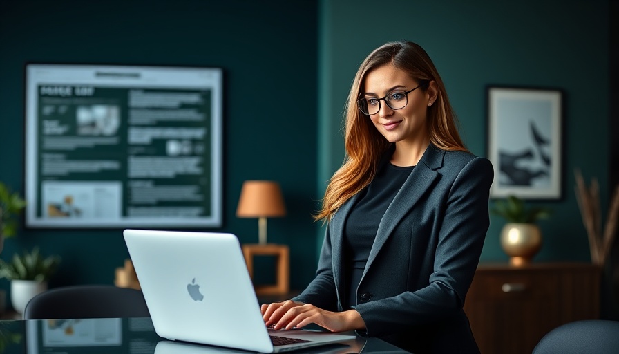 Professional woman working on content syndication in modern office.