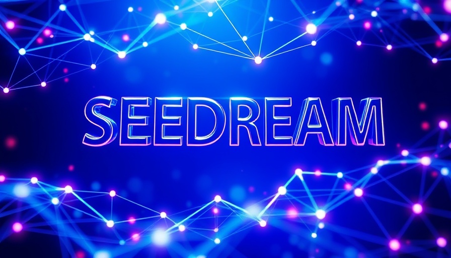 Futuristic Seedream v4 design with digital blue mesh background.