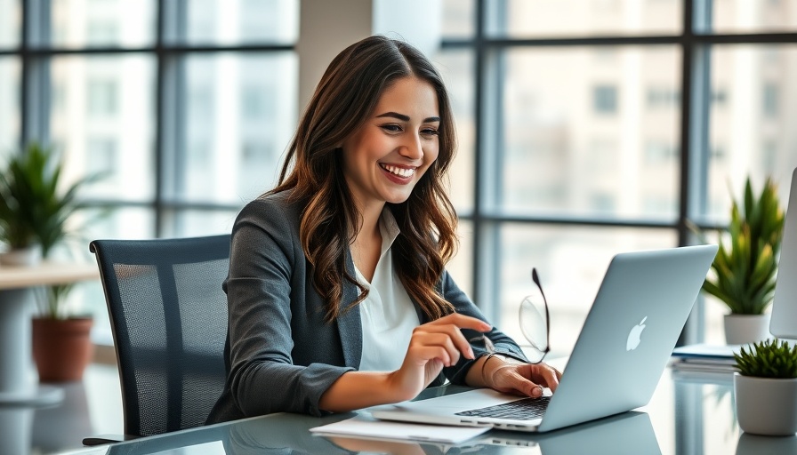 Woman working on laptop in office, representing B2C vs B2B marketing with AI.