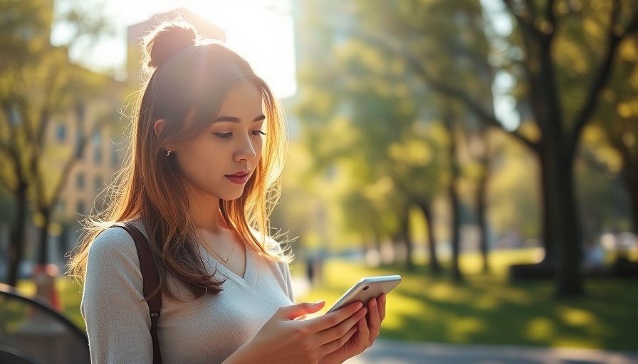 Young woman examining smartphone outdoors, representing shifting consumer search behaviors.