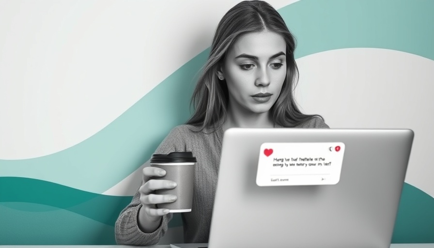Young woman engaging with social media on laptop, abstract background.