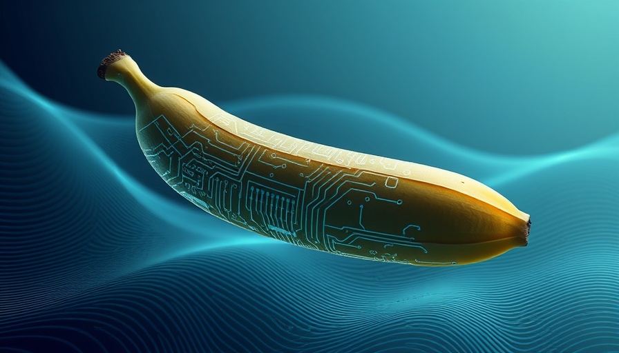 Futuristic banana with circuit lines in abstract tech background.