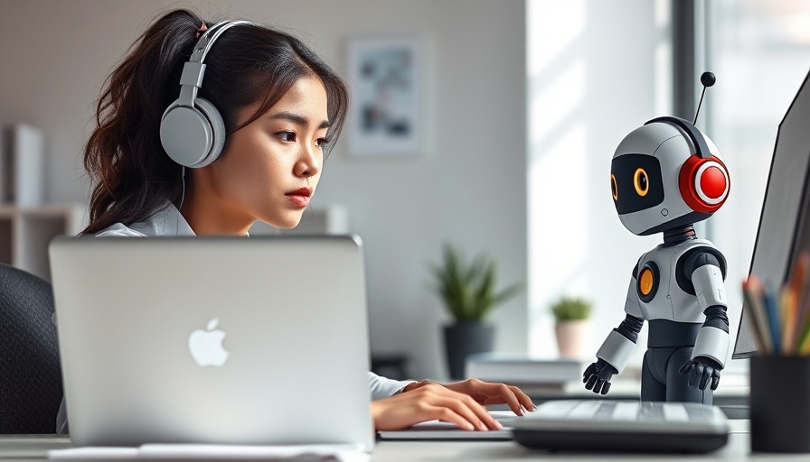 Young woman using AI market research tools at a modern workspace.