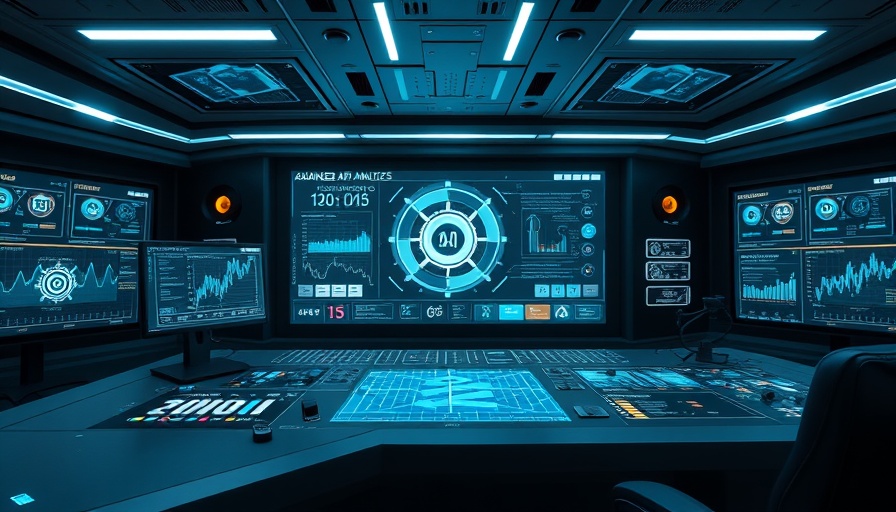 Futuristic AI control panel with digital analytics, cool lighting