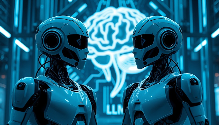 Futuristic robots and digital LLM brain, symbolizing advanced tech in business.