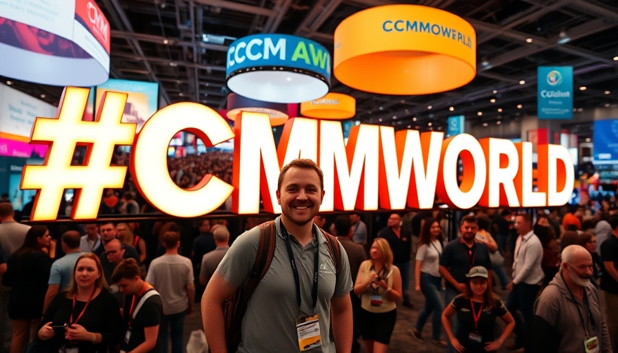 Content Marketing World 2025 attendee with #CMWORLD sign at a conference.