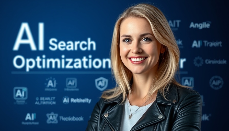 Blonde woman smiling, AI Search Optimization text with logos on blue background.