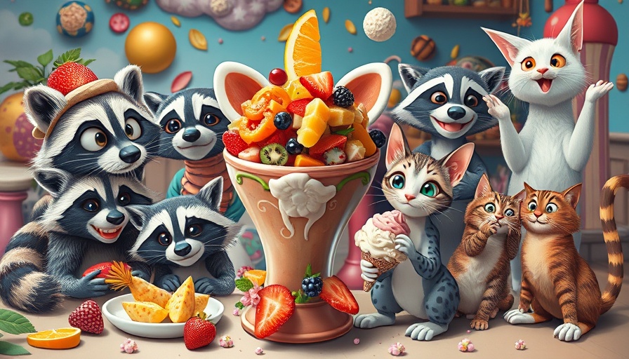 Vibrant surreal collage with animated characters, food, and animals in whimsical scenes, Collaborative Image Generation with PASTA.