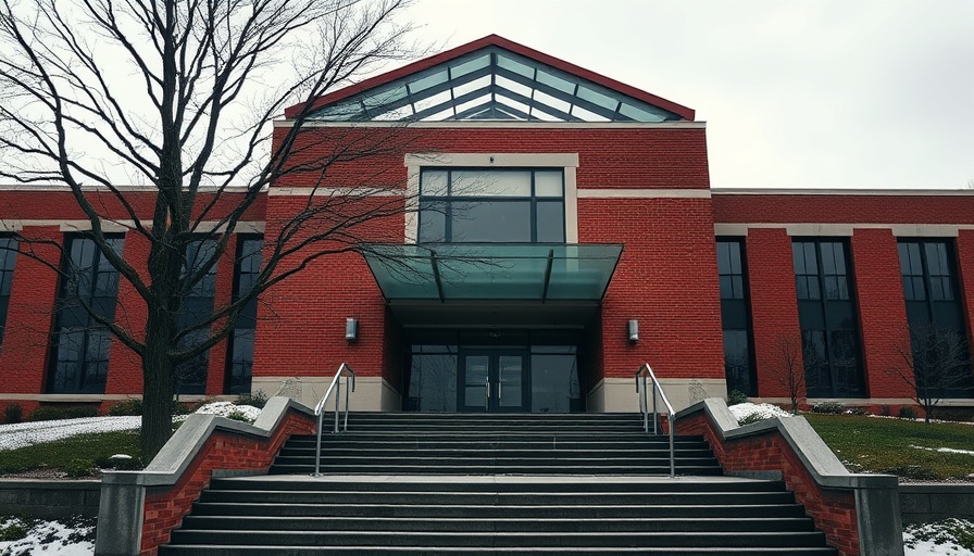 Red brick courthouse building with glass canopy entrance.