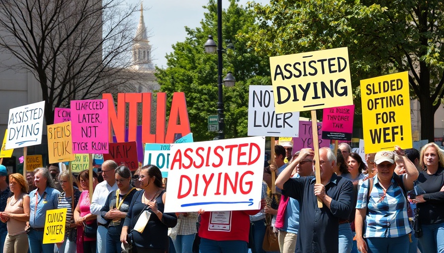 Protesters with signs advocating for assisted dying vote significance.