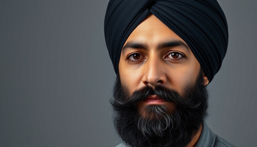Close-up portrait of a man in turban and beard, neutral background.