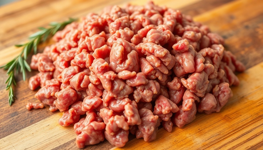 Photorealistic close-up of fresh organic ground beef on a wooden board.