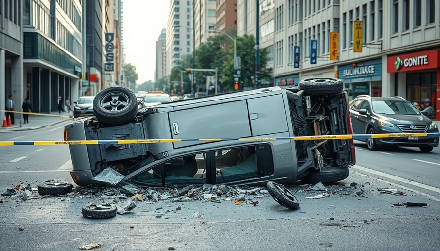 Leicester car crash scene with overturned vehicle and debris.
