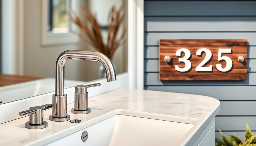 Affordable modern home decor featuring faucet and house number sign.