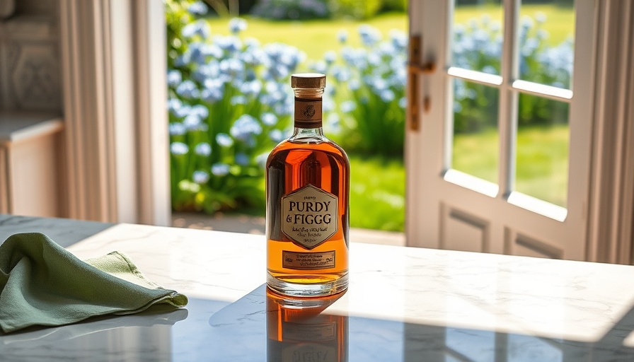 Purdy & Figg Summer Lawn scent bottle on marble with garden view.