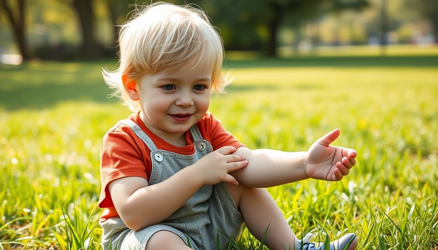 Child examines arm for tick bites in park setting.