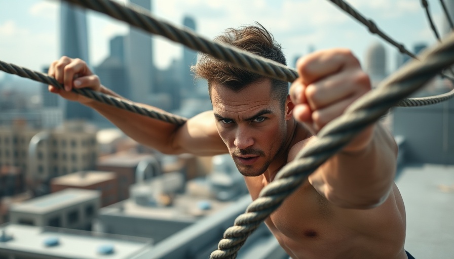 Athlete using battle ropes on urban rooftop, nitric oxide boosters concept.