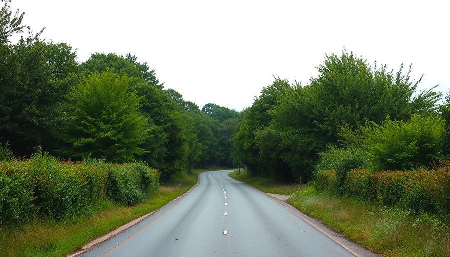 Leicestershire rural road scene with greenery under an overcast sky.