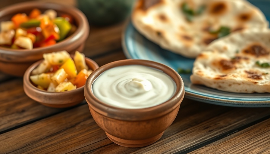 Lebanese garlic sauce in clay bowl, rustic setting.