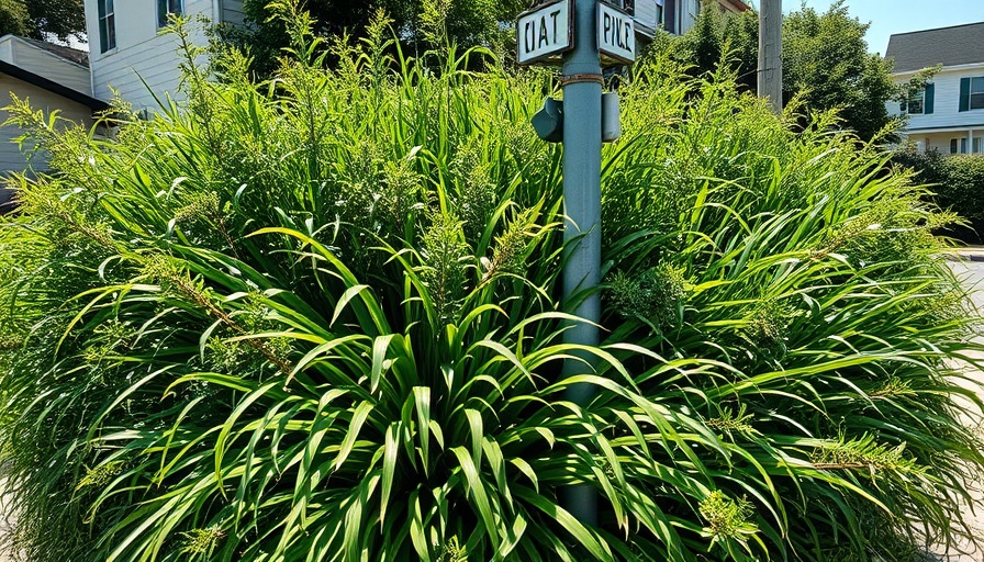Dense overgrown garden around street sign, urban area.