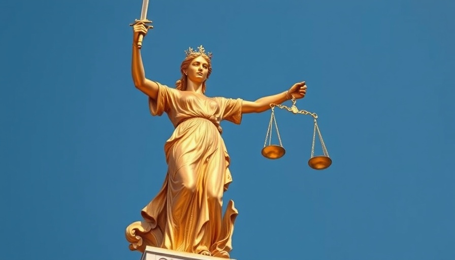 Golden Lady Justice statue symbolizing justice, blue sky background.