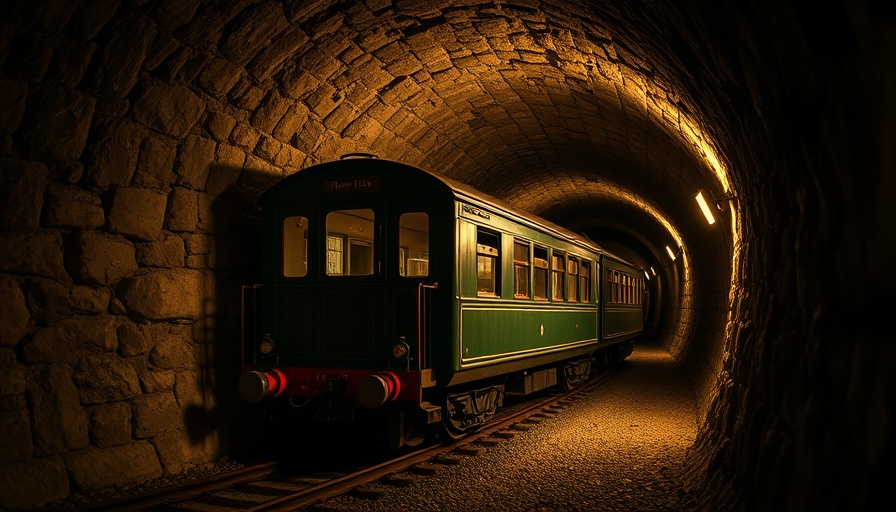 Historic train in Glenfield railway tunnel with dim lighting and detailed stone walls.