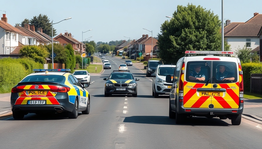 Police vehicles respond to an incident on suburban road.