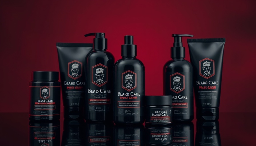 Sleek beard care products in a dramatic black and red setting.