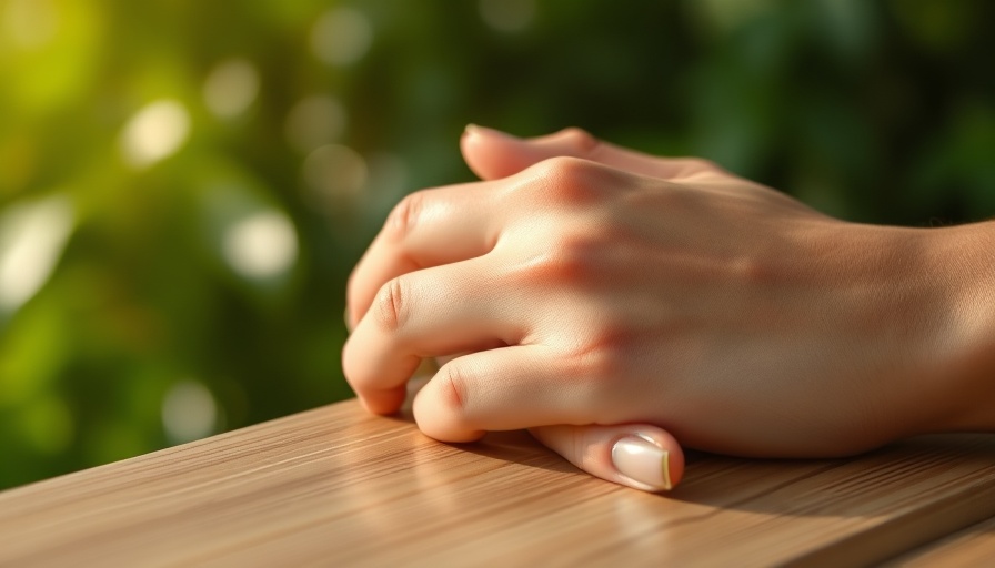 Calm hand with a gold ring on wood, symbolizing change.