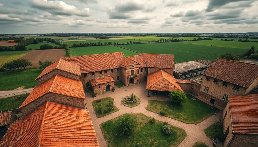 Aerial view of rustic buildings in Leicestershire countryside.