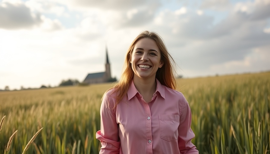 Cheerful woman in field near natural burial ground Leicestershire.