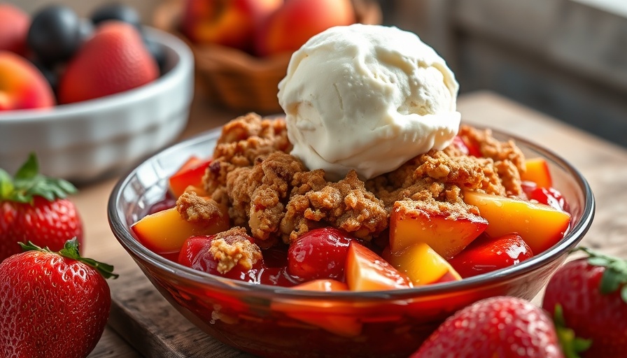 Strawberry Peach Crisp with vanilla ice cream served in a bowl.