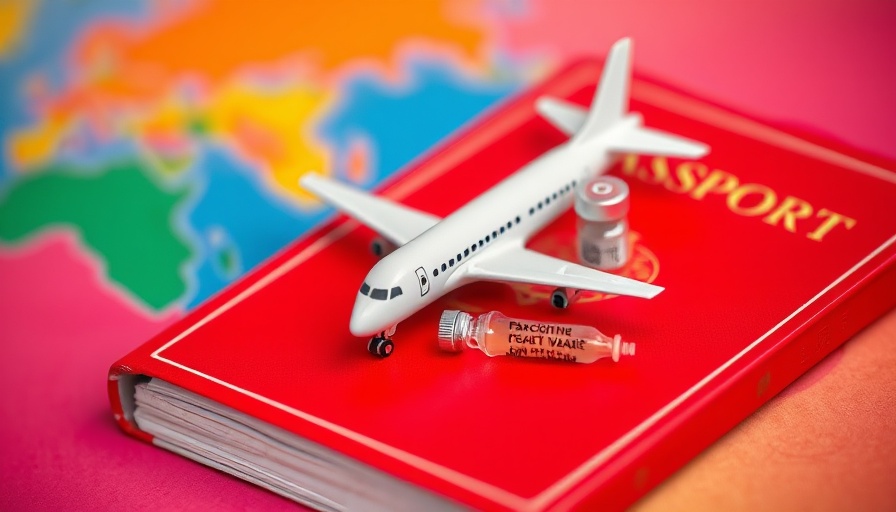 Travel and health items, airplane on a passport with a vaccine vial, vibrant background.