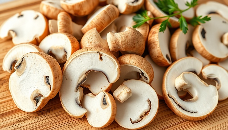 Freshly sliced raw mushrooms on a wooden board, showcasing their texture and freshness.